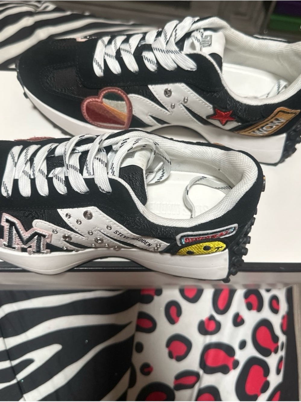 Steve Madden Black, White & Red Embellished Sneakers